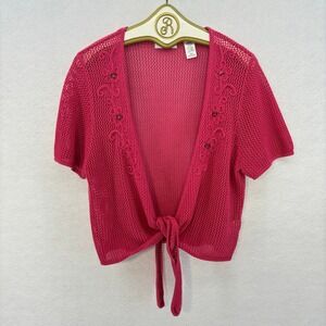 Alfred Dunner Pink Crochet Knit Cropped Cardigan Sweater Tie Front Vintage LARGE